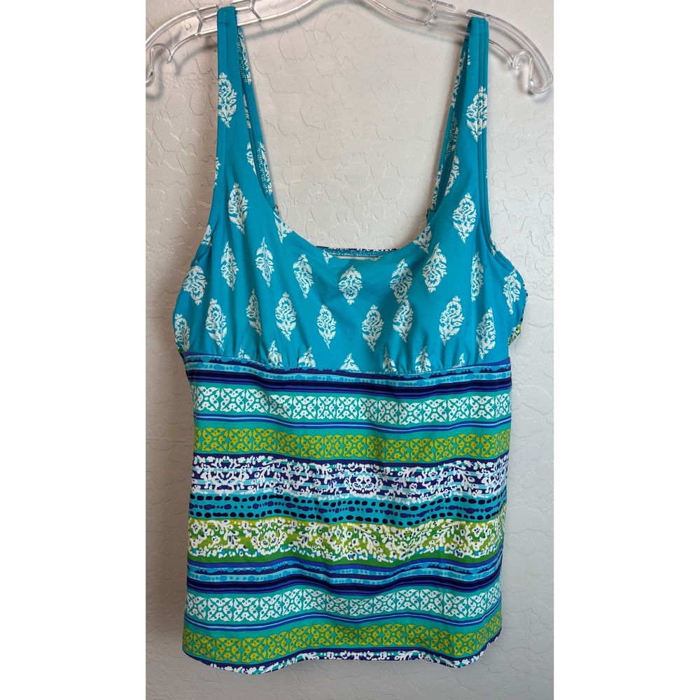Lands End Tankini Swim Top Blue Geometric Print Built In Bra‎ Lined Sz 14 2062